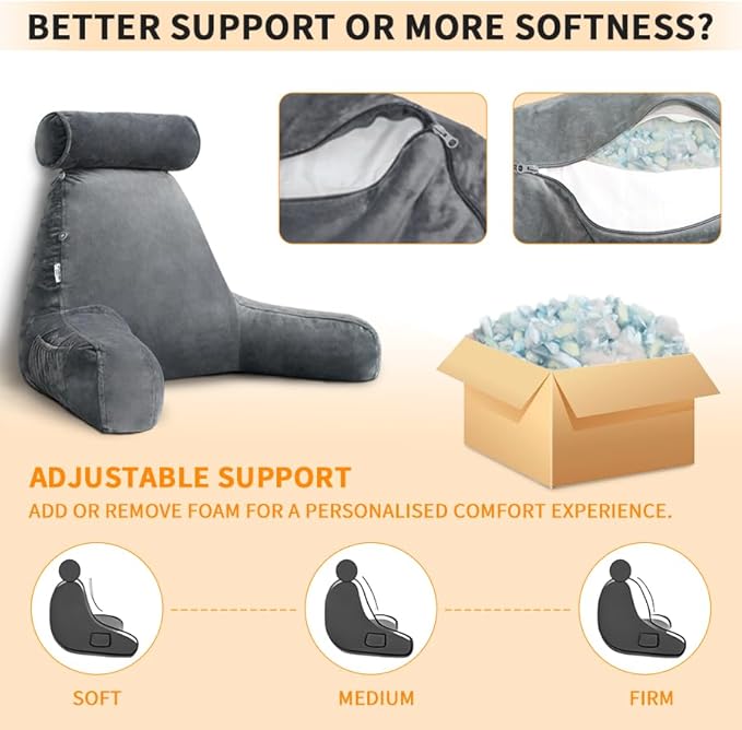 Reading Pillow for Sitting in Bed with Detachable Neck Roll & Big Bed Backrest Pillow Back Support Pillow Chair Pillow with Washable Cover for Adult with Arms and Side Pocket Shredded Foam