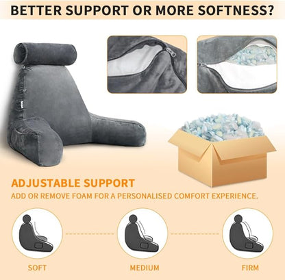 Reading Pillow for Sitting in Bed with Detachable Neck Roll & Big Bed Backrest Pillow Back Support Pillow Chair Pillow with Washable Cover for Adult with Arms and Side Pocket Shredded Foam