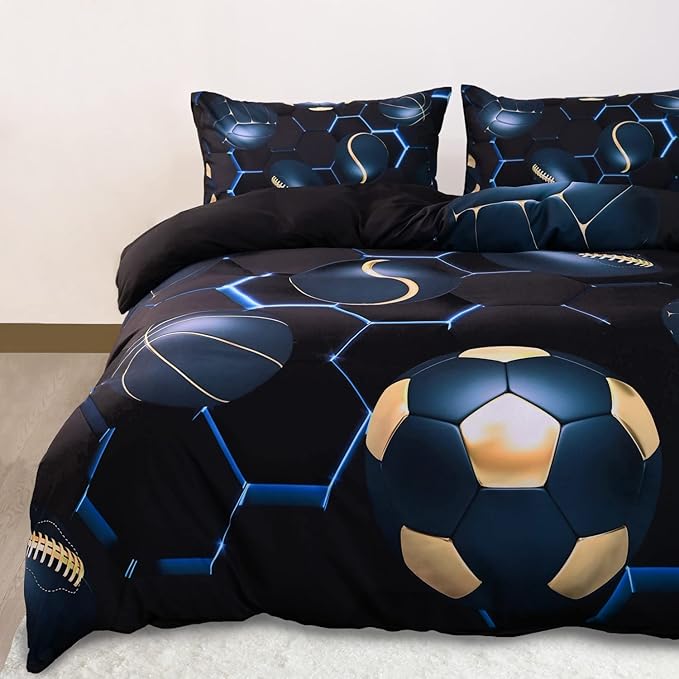 CVHOUSE Football Comforter Set Cover,Honeycomb Basketball Bedding Set for Boys Teens,Geometric Lightweight Baseball Duvet Cover Set Soft,3 Pieces,Boys Sport Theme Room Decor, Queen 89'x89'