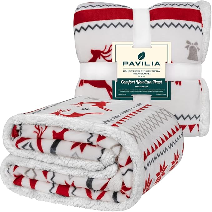 PAVILIA Red White Snowflake Reindeer Christmas Sherpa Throw Blanket, Soft Reversible Fleece Sherpa 60x80 Winter Blanket for Couch & Bed, Christmas Decor