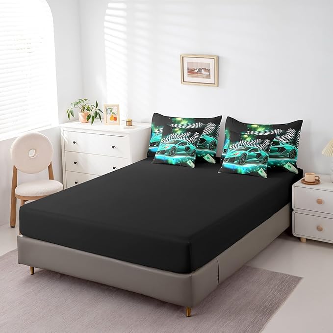 Feelyou Teal Racing Car 7 Piece Bedding Set Twin Size Extreme Sport Comforter Set with Sheets for Kids Boys Girls Teens Toddler Fast and Furious Bed in a Bag Black White Flag Bed Set