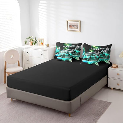 Feelyou Teal Racing Car 7 Piece Bedding Set King Size Extreme Sport Comforter Set with Sheets for Kids Boys Girls Teens Toddler Fast and Furious Bed in a Bag Black White Flag Bed Set