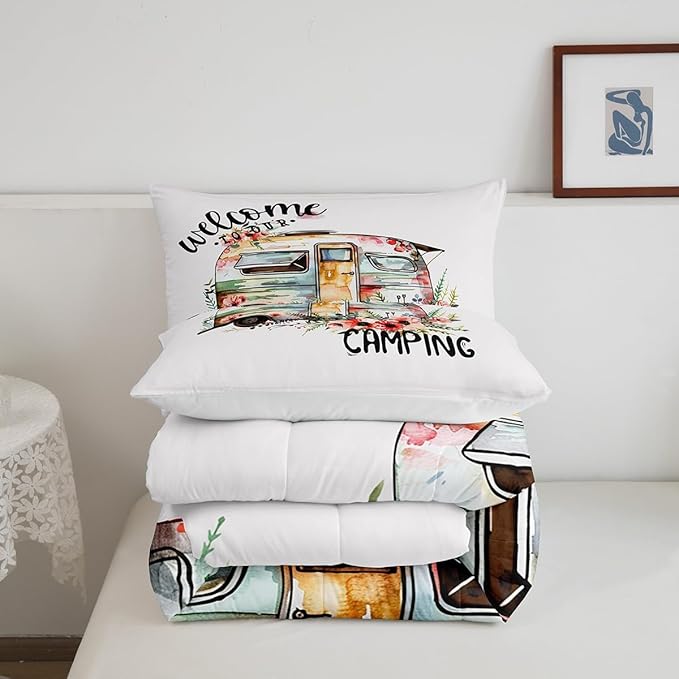 Camper Van Comforter Set Kids Farmhouse Rustic Happy Camping Bedding Set Queen Women Men Camper Floral Decor Comforter Ultra Soft Microfiber Nature Flower Quilted Set Bedroom Comforter Inner Fill