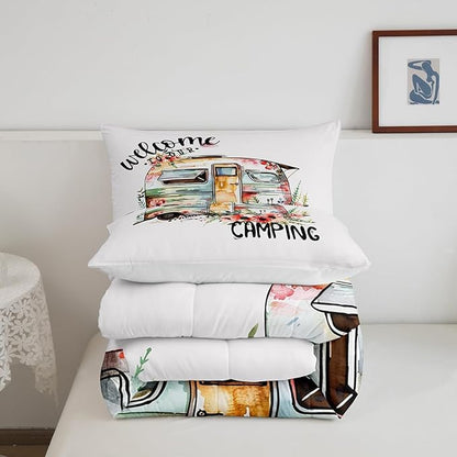 Camper Van Comforter Set Kids Farmhouse Rustic Happy Camping Bedding Set Queen Women Men Camper Floral Decor Comforter Ultra Soft Microfiber Nature Flower Quilted Set Bedroom Comforter Inner Fill