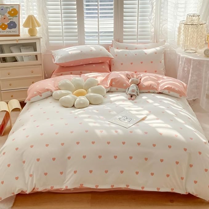 Blush Pink Duvet Cover Set Queen Heart Bedding Set Cute Love Heart Bedding 3Pcs Girls Reversible White Pink Duvet Cover with Zip and 2 Pillowcases（No Comforter）