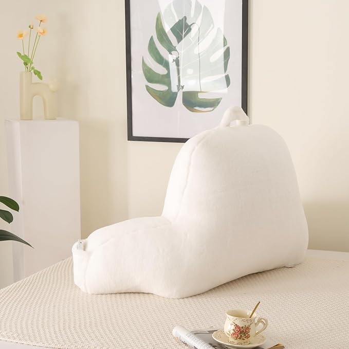 Reading Pillow for Sitting in Bed, Large Backrest Reading Pillow with Arm Rest,Back-Rest Support Cushion for Sit Up on Couch, Sofa, and Floor, Dorm Essentials (White Faux Fur, Large(19"))