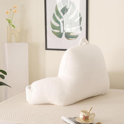 Reading Pillow for Sitting in Bed, Large Backrest Reading Pillow with Arm Rest,Back-Rest Support Cushion for Sit Up on Couch, Sofa, and Floor, Dorm Essentials (White Faux Fur, Large(19"))