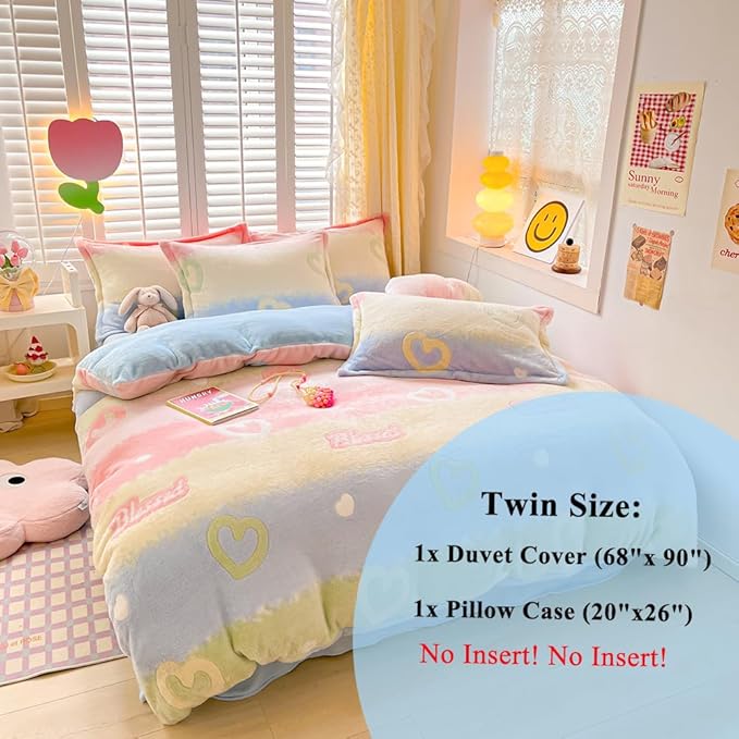 Rainbow Love Kids Duvet Cover Set Cute Kawaii Bedding Set Twin Size Snowflake Fluffy Comforter Cover Blanket Soft Reversible Duvet Cover Room Decor for Girls Women Boys(Love,Twin)