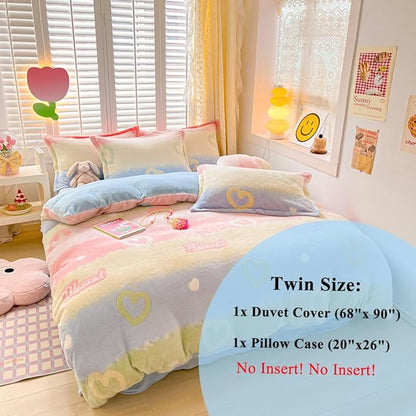 Rainbow Love Kids Duvet Cover Set Cute Kawaii Bedding Set Twin Size Snowflake Fluffy Comforter Cover Blanket Soft Reversible Duvet Cover Room Decor for Girls Women Boys(Love,Twin)