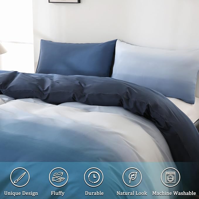 Blue and White Duvet Cover King Size 100% Cotton Duvet Cover Sets Gradient Blue Comforter Cover Ocean Like 3 Pcs Soft and Lightweight Bedding Set for All Seasons