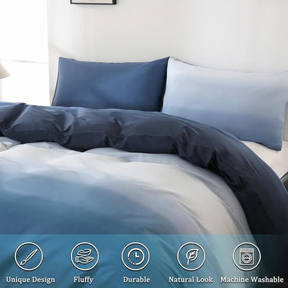 Blue and White Duvet Cover King Size 100% Cotton Duvet Cover Sets Gradient Blue Comforter Cover Ocean Like 3 Pcs Soft and Lightweight Bedding Set for All Seasons