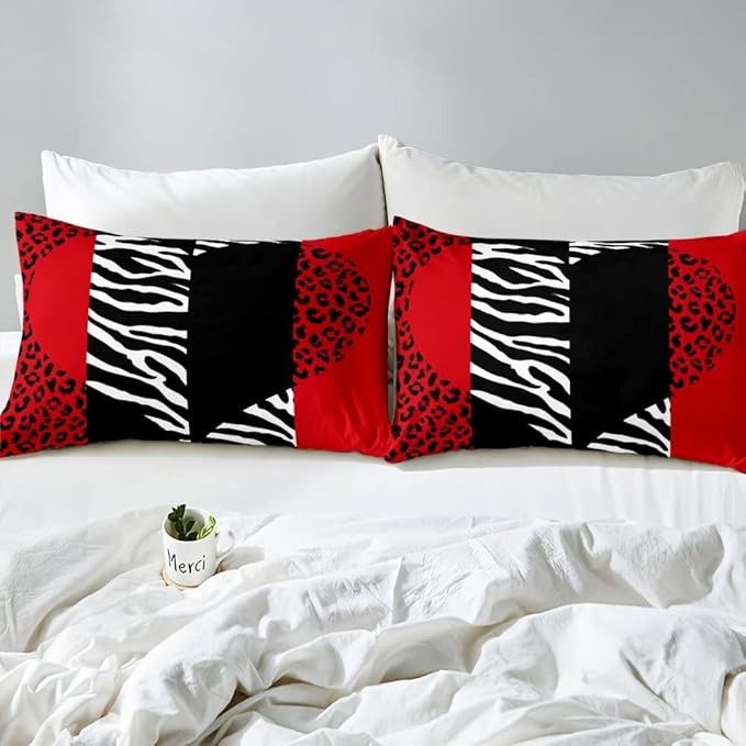 Leopard Zebra Duvet Cover King,Wild Animals Skin Bedding Set 3pcs for Teens Adults Room Decor,Red Black Geometric Striped Heart Comforter Cover Romantic Microfiber Quilt Cover with 2 Pillowcases