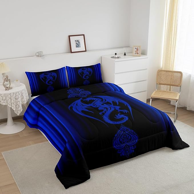 Feelyou Blue Dragon Comforter Set Gradient Ombre Blue Teens Women Bedding Set for Kids Boys Girls Vintage Boho Paisley Decor Comforter Exotic Trippy Quilt Set 3Pcs Queen Size