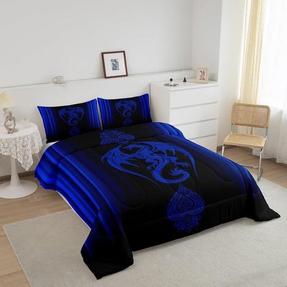 Feelyou Blue Dragon Comforter Set Gradient Ombre Blue Teens Women Bedding Set for Kids Boys Girls Vintage Boho Paisley Decor Comforter Exotic Trippy Quilt Set 3Pcs Queen Size
