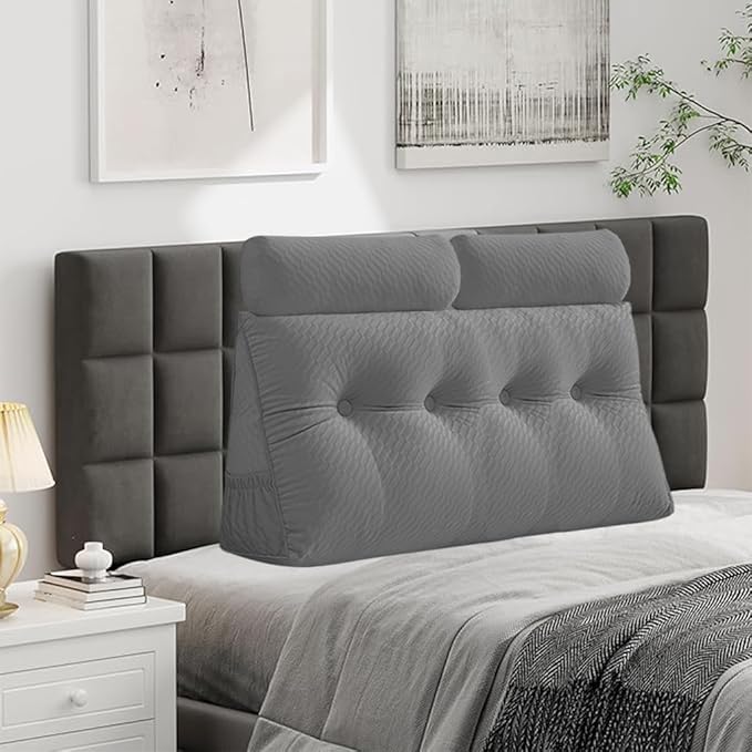 Velvet Triangular Headboard Wedge Pillow With Roll Pillow,Removable Cover Headboard Pillow Daybed Bunk Bed,Backrest Positioning Support Pillow Resting Reading Relaxing (Grey, Full(54 * 20 * 8in))