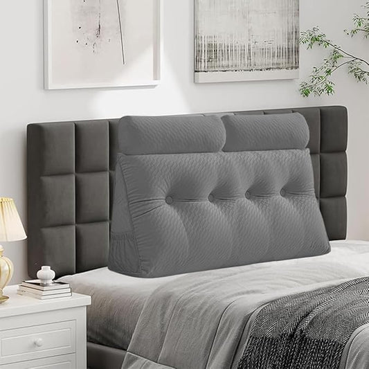 Velvet Triangular Headboard Wedge Pillow With Roll Pillow,Removable Cover Headboard Pillow Daybed Bunk Bed,Backrest Positioning Support Pillow Resting Reading Relaxing (Grey, Full(54 * 20 * 8in))
