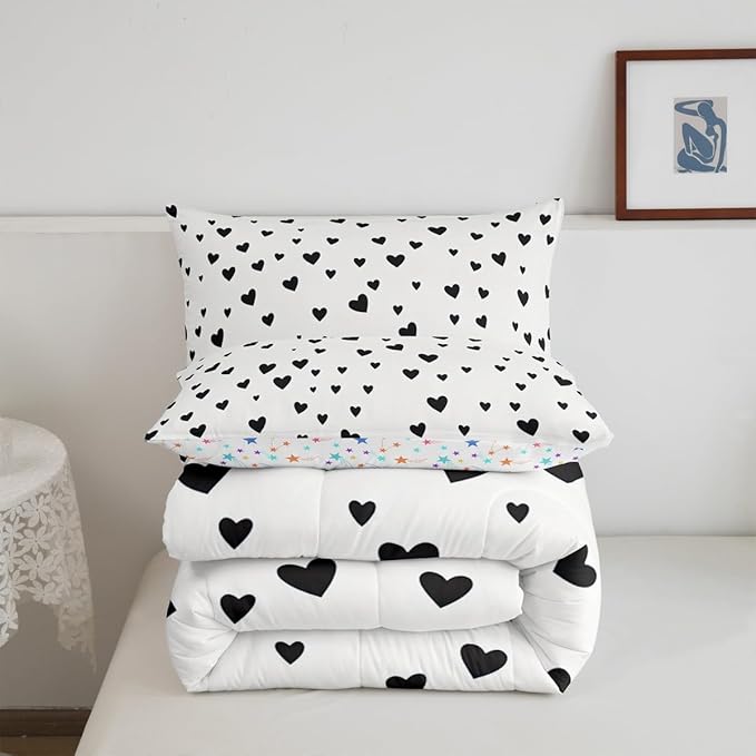 Feelyou Heart Shaped Comforter Set for Girls Boys Kids Toddler Size Soft Kawaii Comforter Room Decor Love Bedding Set Black White Duvet Set