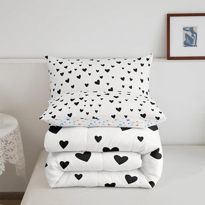 Feelyou Heart Shaped Comforter Set for Girls Boys Kids Toddler Size Soft Kawaii Comforter Room Decor Love Bedding Set Black White Duvet Set