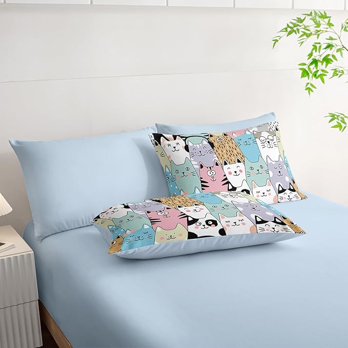 Cat Comforter Set 7 Piece King Size Bed in A Bag,Kawaii Bedding for Room Decor,Soft Cat Comforter Blue Cute Bedding with Fitted Sheet,Flat Sheet, Pillowcases & Shams