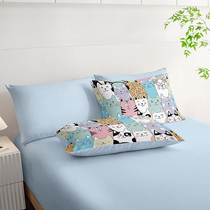 Cat Comforter Set 7 Piece King Size Bed in A Bag,Kawaii Bedding for Room Decor,Soft Cat Comforter Blue Cute Bedding with Fitted Sheet,Flat Sheet, Pillowcases & Shams