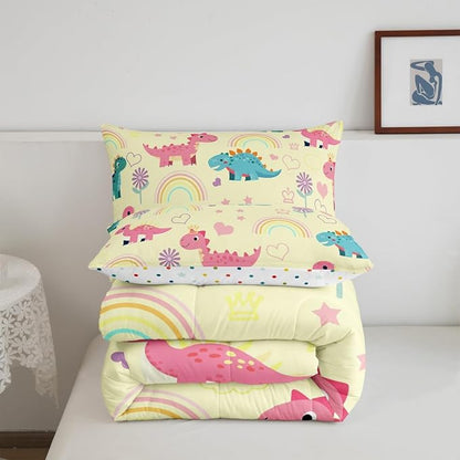 Castle Fairy Kawaii Dino Kids Comforter Set Queen Size,Cute Rainbow Floral Love Heart Reversible Bedding Set for Adult,Pink Yellow Dinosaur Lovely Animal Luxury Bed Duvet Insert,2 Pillowcases