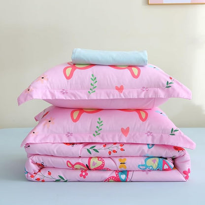 Pink Butterfly Comforter Set Twin Size for Girls Kids Teens 7 Piece Bed in A Bag Colorful Flower Leaves Bedding Set All Season Lightweight