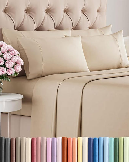 Full Sheets Set 6 Piece - Includes 4 Pillowcases - Bed Sheets Full Size - Soft Hotel Luxury Bedding - Cooling, Comfy, Fade Free & Breathable - 1 Flat & 1 Fitted & 4 Pillowcases w/ Deep Pockets - Cream