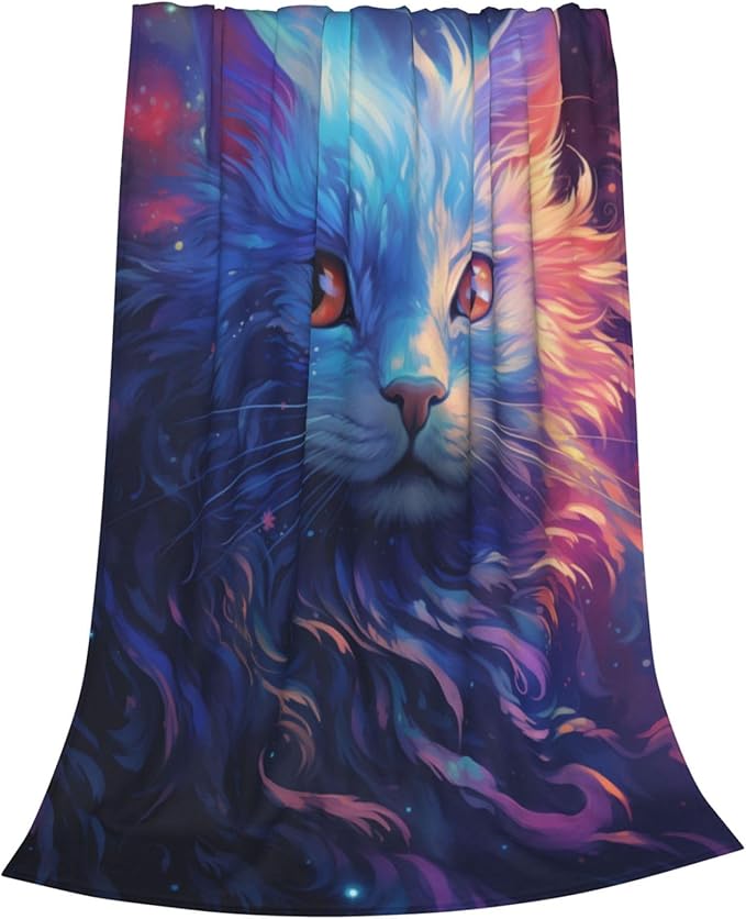 Abstract Space Cat Blanket Gifts for Cat Lovers Colorful Galaxy Cat Flannel Throw Blankets for Home Couch Bed Sofa Soft Fuzzy Lightweight Decor All Season 50x40 Inches