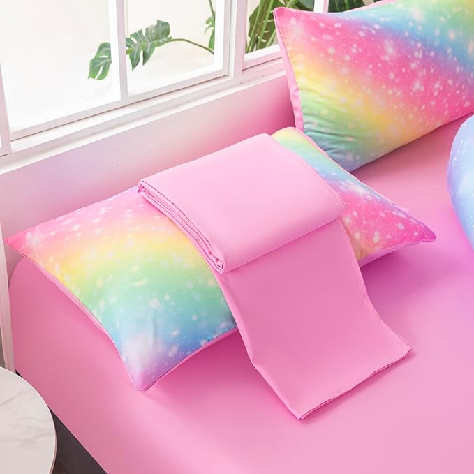 6Pcs Rainbow King Comforter Set for Kids Girls Teens Women Tie Dye Pastel Bedding Set King Size Stars Glitter Soft & Breathable Kids Bed for Gift Bedroom Decor