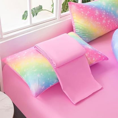 6Pcs Rainbow King Comforter Set for Kids Girls Teens Women Tie Dye Pastel Bedding Set King Size Stars Glitter Soft & Breathable Kids Bed for Gift Bedroom Decor
