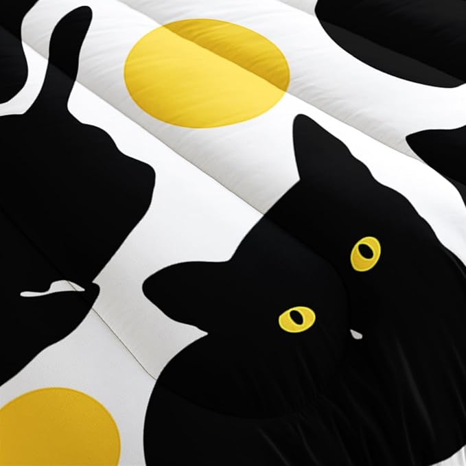 Kids Bedding 3Pcs Cartoon Black Cat Bedding Set Queen Yellow Polka Dots Pattern Comforter Set for Teens Kids Boys Girls Adults Cute Cat Quilt Bed Decor Set with 1 Comforter and 2 Pillowcases