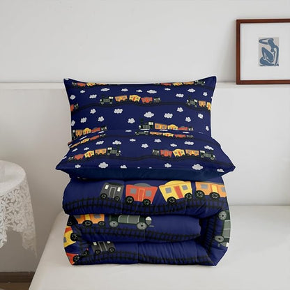 Erosebridal Cartoon Train Bedding Sets Navy Locomotive Train Comforter Set Full,Smoking Steam Engine Down Comforter for Kids Toddler Cute Clouds Transportation Cars Duvet Insert 3 Pieces