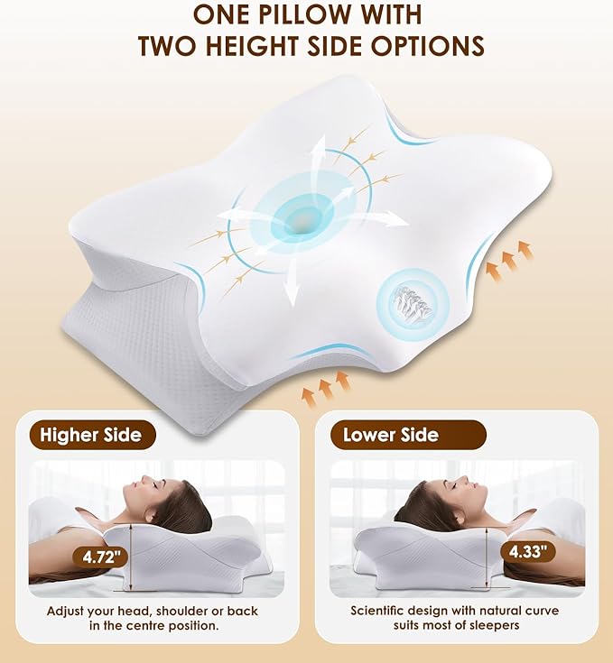 Cervical Pillow for Neck Pain Relief - Cooling Memory Foam Neck Pillows for Sleeping, Ergonomic Neck Support Pillow for Side Back Stomach Sleeper with Washable Pillowcase & 2 Different Heights