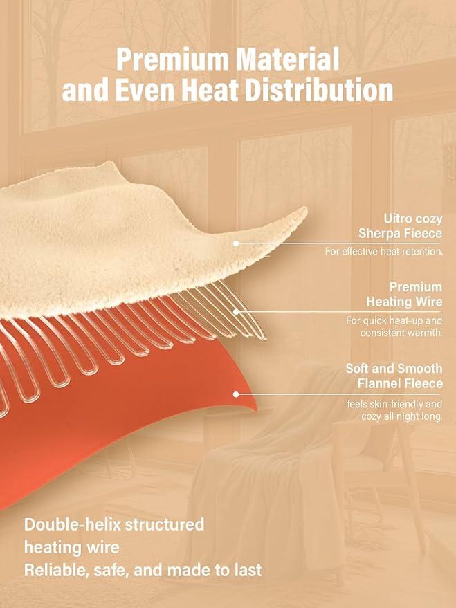 Electric Heated Blanket Twin, Ultra‑Cozy Premium Flannel & Sherpa, Even Heat Distribution & Stable Temp, 1–10H Auto‑Off, 8 Temps (86–125.6°F), Overheat Protection, Ideal Gifts for Grandma