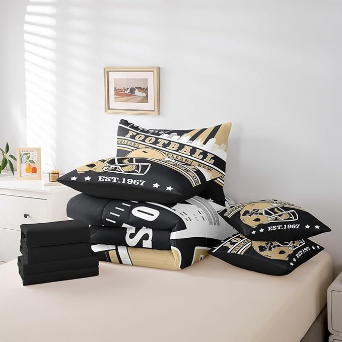 Erosebridal Sports City Comforter Set Full, Gridiron Seasonal Color Bedding Sets Football Lovers Kids Rugby Comforter + Flat Sheet + Fitted Sheet + 2 Pillowcases + 2 Throw Pillow Covers