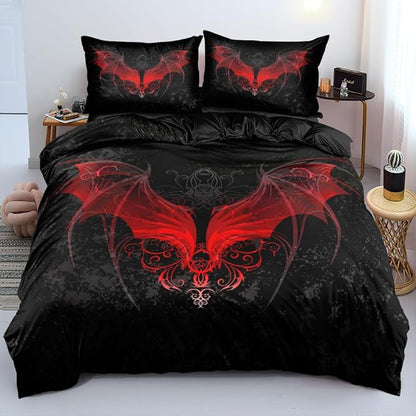 Goth Duvet Cover with Pillow Shams Gothic Bedding Sets Red Bat Wing Patterns Skull Bed Set Twin Size