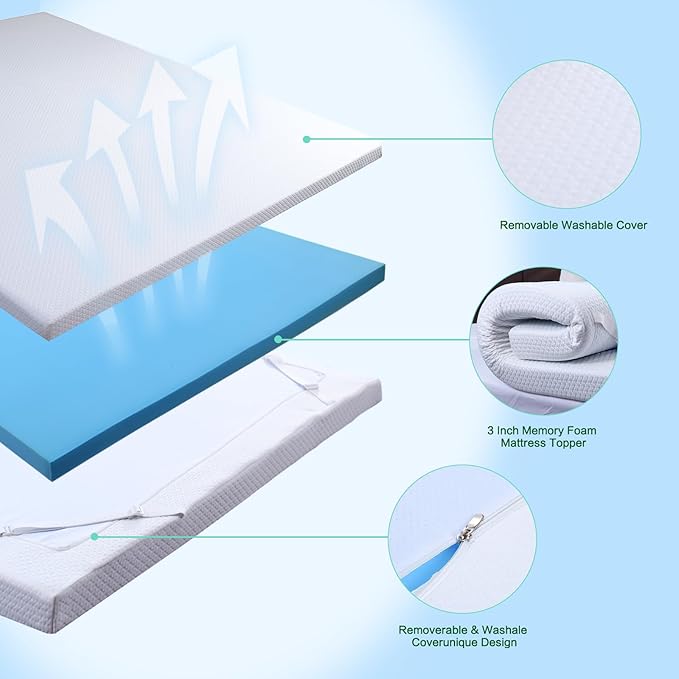 King Mattress Topper, 3 Inch Memory Foam Mattress Topper King, High Density Mattress Pad Comfort Cooling, Bed Topper with Removable Cover, 4 Elastic Straps White, CertiPUR-US Certified