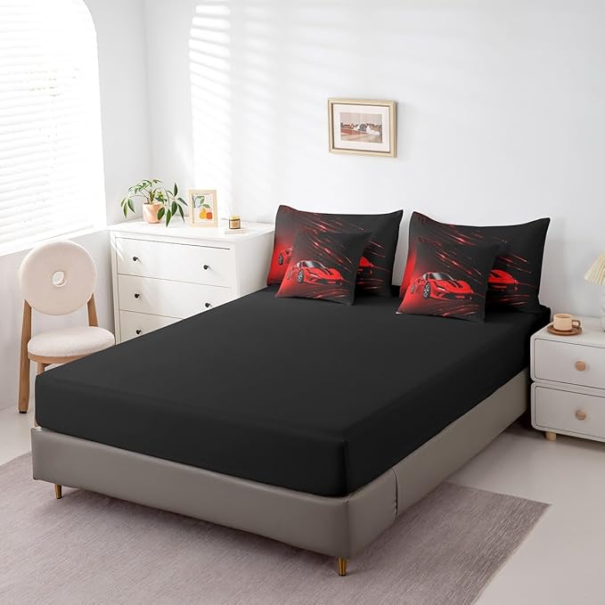 Feelyou Boys Red Race Car 7 Piece Bedding Set King Size Speed Sports Car Comforter Set with Sheets for Kids Teens Adult Fast and Furious Bed in a Bag Red Ombre Bed Set