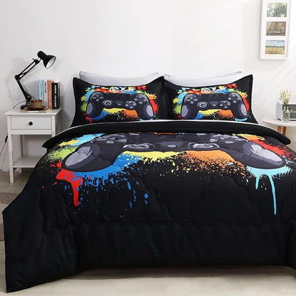Wajade Kids Gamer Comforter Set Queen Size Bed in a Bag for Boys and Girls, 7 Pieces 3D Video Game Controller Printed Bedding Set Includes Comforter, Flat Sheet, Fitted Sheet, Two Pillowcases & Shams