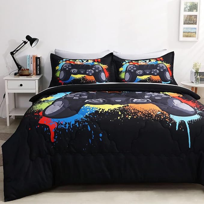 Wajade Kids Gamer Comforter Set Full Size Bed in a Bag for Boys and Girls, 7 Pieces 3D Video Game Controller Printed Bedding Set Includes Comforter, Flat Sheet, Fitted Sheet, Two Pillowcases & Shams