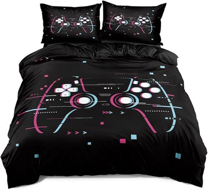Queen Size Gamepad Duvet Cover Set - Black Gaming Bedding Set with Comforter Cover & Pillowcases, Retro Pink & Blue Controller Pattern, Cool Boys/Girls Room Decor, Dynamic Gaming Theme Design