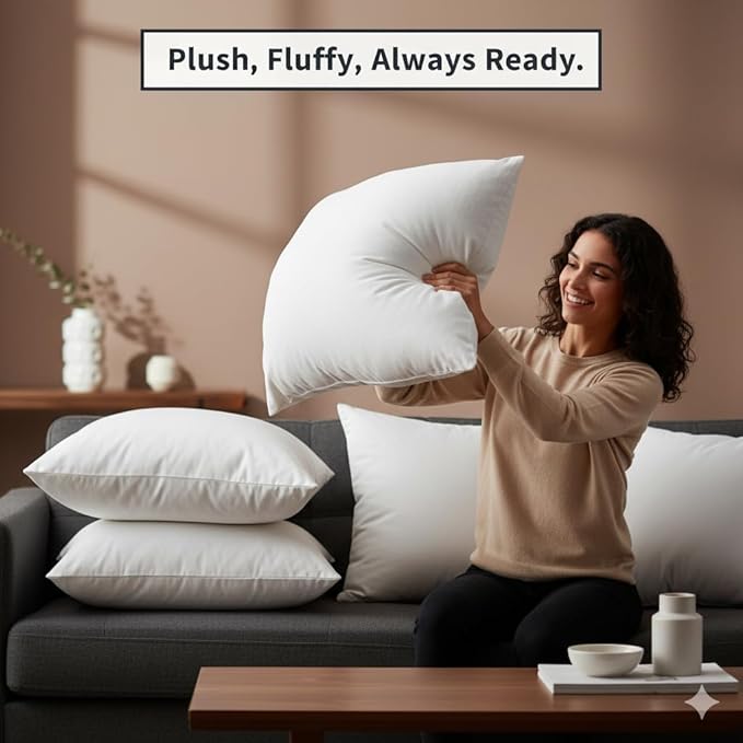 Throw Pillow Inserts (18"x18") | Set of 4 | Easy Maintenance Fluffy Inserts for Better Comfort | Polyester Gel Fibre Fill | No Feather Pokes | Machine Washable in Delicate Cycle