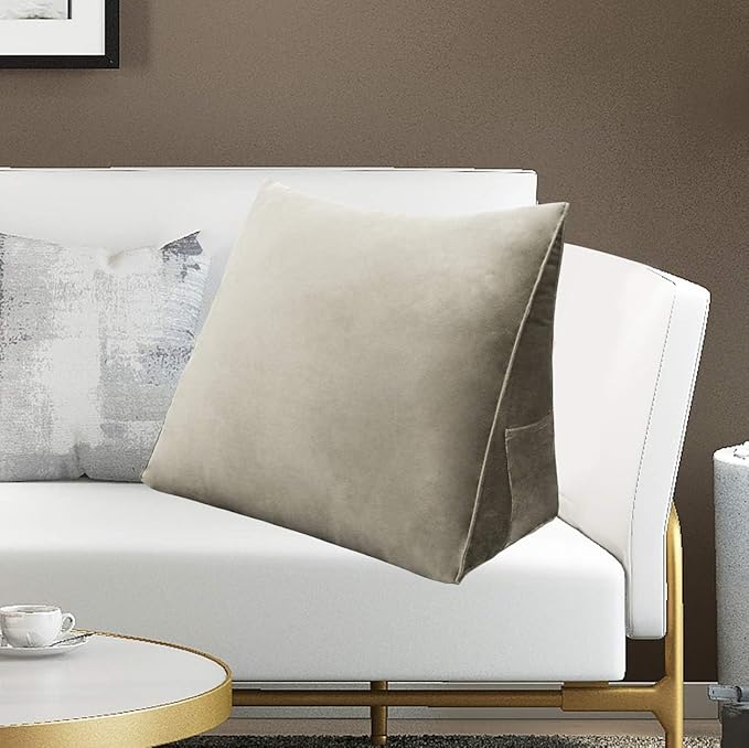 Triangular Reading Pillow Wedge Headboard Back Support Pillow for Sitting up in Bed Daybed Bolster Backrest Couch Sofa Corner Cushion Medium Velvet Taupe