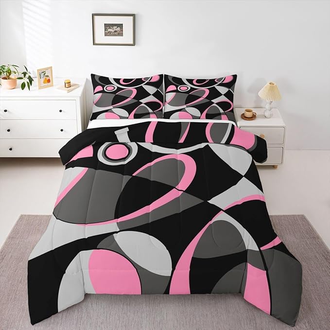 Feelyou Pink Grey and Black Comforter Retro Circle Comforter Set Modern Abstract Art Bedding Set for Kids Boys Girls Swirl Duvet Luxury Room Decor Quilt King Size
