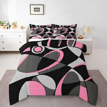 Feelyou Pink Grey and Black Comforter Retro Circle Comforter Set Modern Abstract Art Bedding Set for Kids Boys Girls Swirl Duvet Luxury Room Decor Quilt King Size