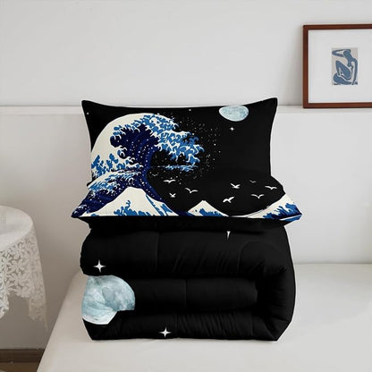 Feelyou Japanese Wave Comforter Set King Size Japanese Style Comforter for Boys Girls Teens Ocean Wave Bedding Set Sea Waves Duvet Set Room Decor Blue Black Quilt Set