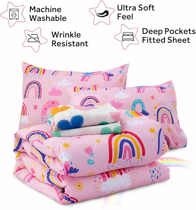 Holawakaka Boho Rainbow Full Comforter Set with Sheets, 5-Piece Bohemian Love Heart Bedding Set for Girls & Women - Super Soft Microfiber Kids Teen-Girls Full Size Pink Reversible Bed-in-a-Bag