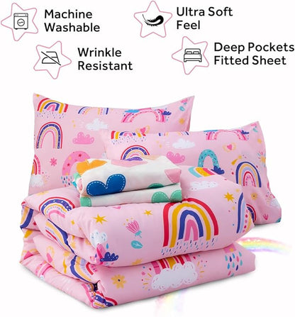 Holawakaka Boho Rainbow Twin Comforter Set with Sheets, 5-Piece Bohemian Love Heart Bedding Set for Girls & Women - Super Soft Microfiber Kids Teen-Girls Twin Size Pink Reversible Bed-in-a-Bag