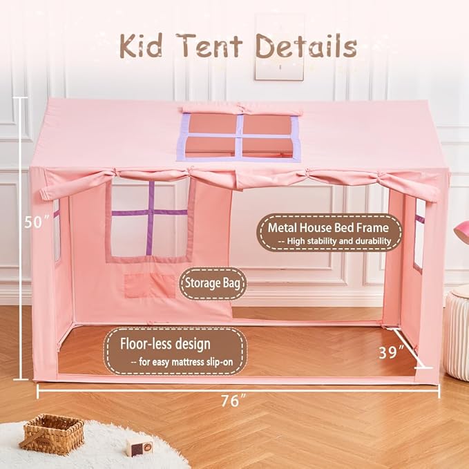 Twin Bed Tent Indoor Bed Canopy Kids Tents for Girls with 2 Doors, Breathable Private Space Fort Tents for Kids Floor Bed (Twin, Pink)