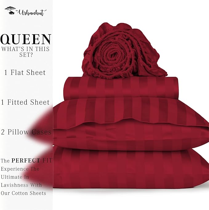 URBANHUT 1000 Thread Count Damask Striped Queen Bed Sheets Egyptian Cotton Sheet Set, Long Staple Soft & Breathable, 4 Pc Bed Sheet Sets, Luxury Hotel Sateen Sheets Fits 16" Deep Pocket - Burgundy